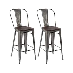 Thocar 29 in. Kitchen Counter Height Silver Metal Bar Stools with Wooden Seats and Backrest, Indoor Outdoor Set of 2