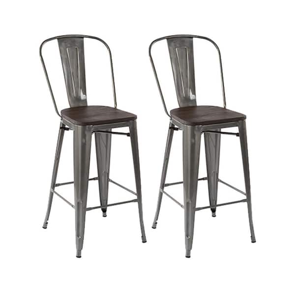 Homy Casa Thocar 29 in. Kitchen Counter Height Silver Metal Bar Stools with Wooden Seats and Backrest, Indoor Outdoor Set of 2