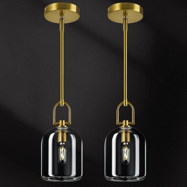 Home Lighting 40-Watts 2-Lights Gold Pendant Design Mini Pendant Light with Linear Crystal Shade