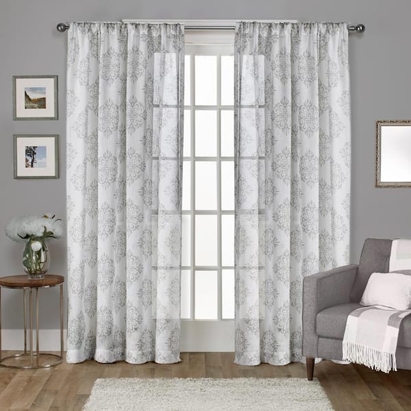 Nagano Dove Grey Medallion Sheer Rod Pocket Curtain, 54 in. W x 108 in. L (Set of 2)