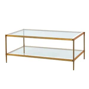 43 in. Gold Frame Large Rectangle Clear Glass Coffee Table with Storage Shelf