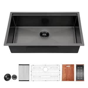 33 in. Undermount Single Bowl 16-Gauge Gunmetal Black Stainless Steel Kitchen Sink with Bottom Grids
