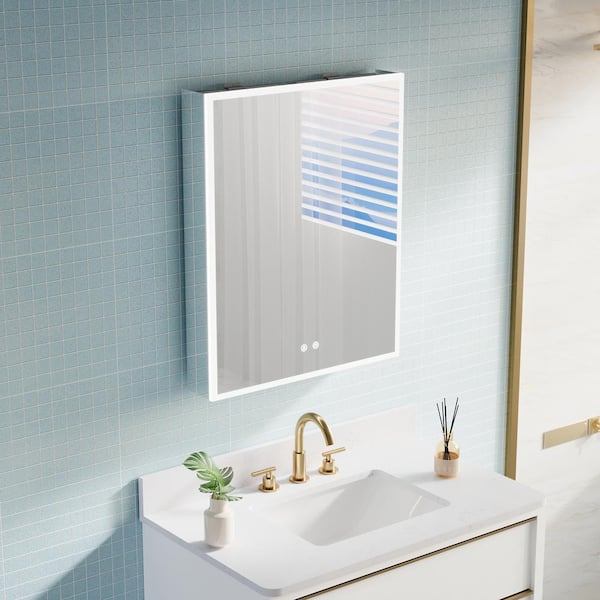 FORCLOVER 24 in. W x 30 in. H Frameless Rectangular Silver Surface Mount Medicine Cabinet with Mirror and LED Light (Left Open)