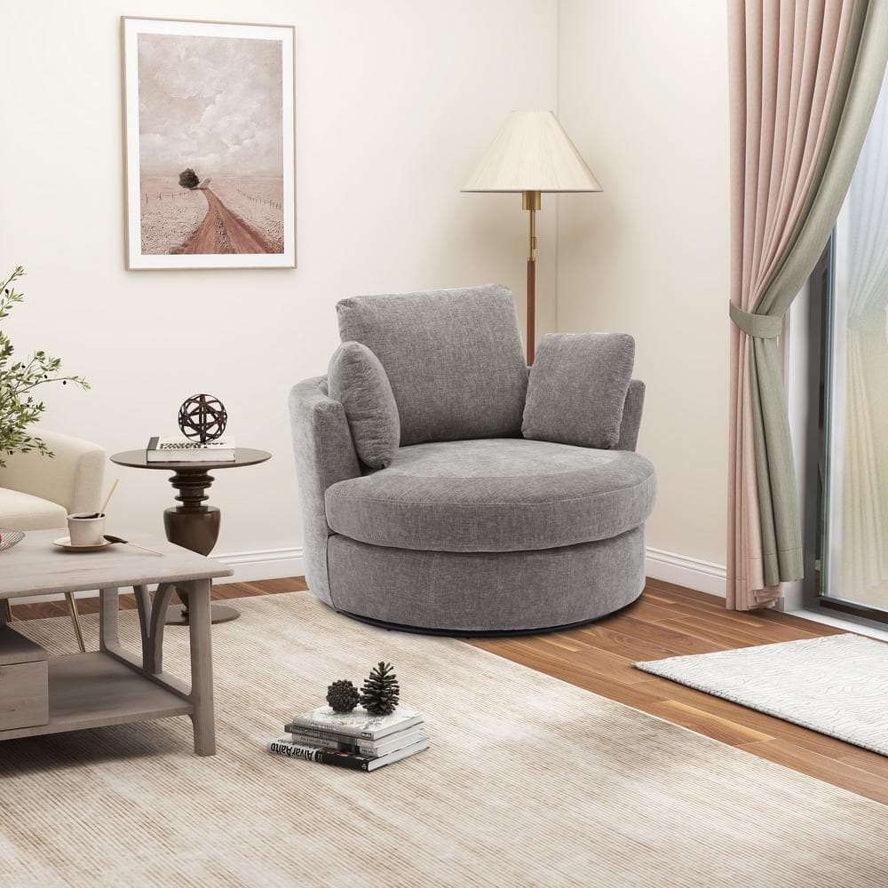 42.2 in.W Gray Swivel Accent Barrel Chair and Half Swivel Sofa With 3 Pillo