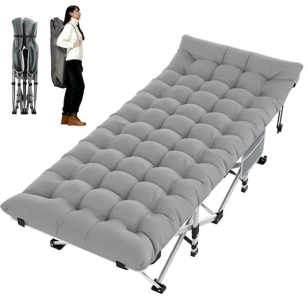 Oversized Folding Camping Cot Metal 1-Piece Metal Heavy-Duty Outdoor Chaise Lounge with Gray Cushions