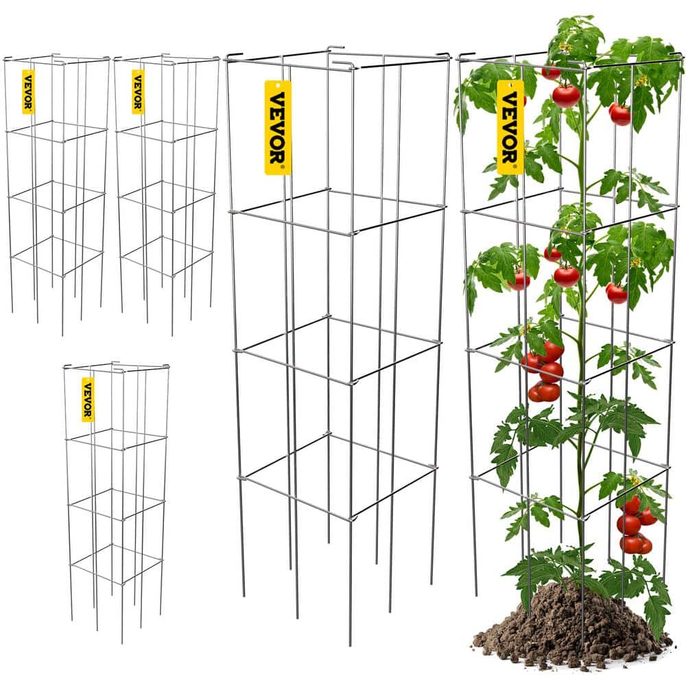 VEVOR 11.8 in. x 11.8 in. x 46.1 in. Tomato Cage Square Plant Support Cages Silver Steel Tomato Towers for Vegetables (5-Pack) (xSvuSQhJhwf09fC)