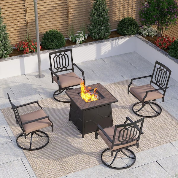 PHI VILLA 5-Piece Special Material of TerrFab Patio Fire Pit Set, 4 Metal Back Swivel Chairs with Beige Cushions