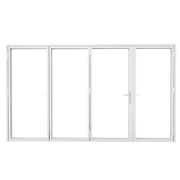144 in. x 80 in. Left Center Opening/Outswing Double Tempered Glass White Aluminum Folding Patio Door