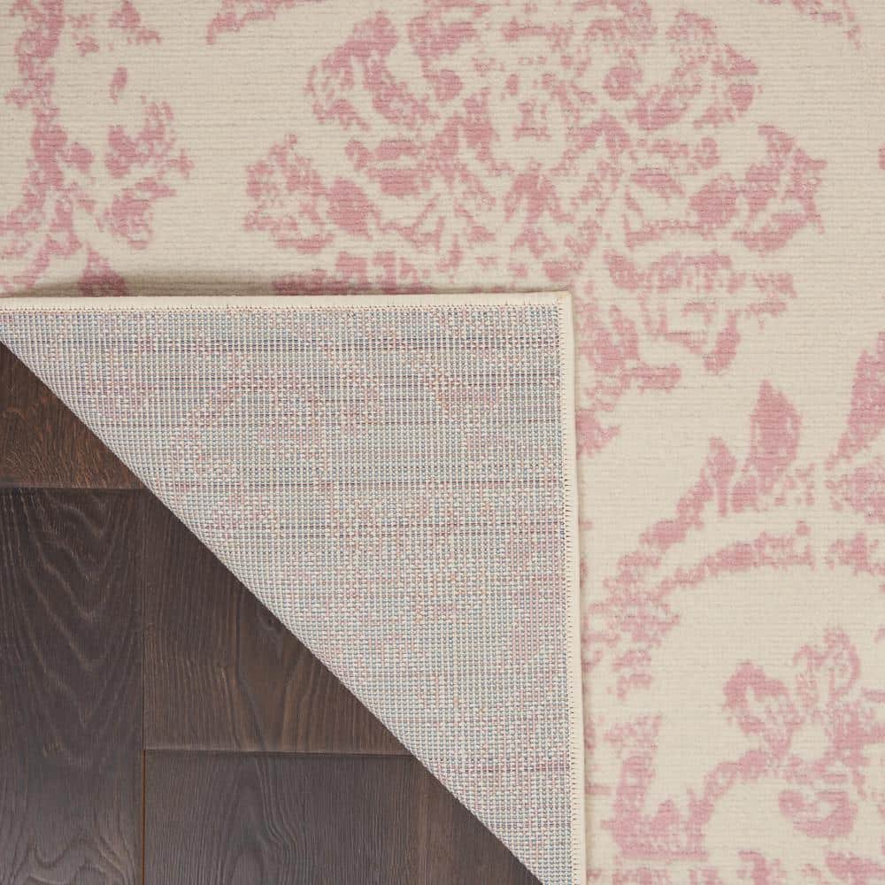 Ivory and Pink Vintage Damask Area Rug