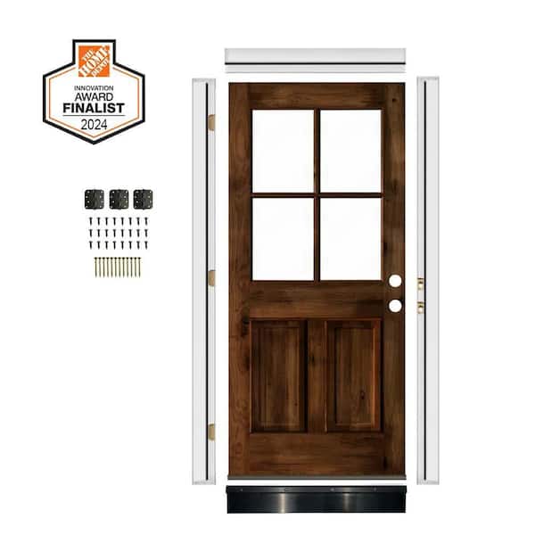 DIY RTA Kit 32in.x80in. Left-Handed 4-Lite Clear Glass Provincial Stain Knotty Alder Wood Ready To Assemble Front Door