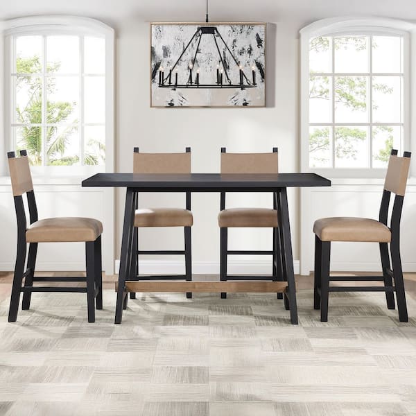 Aubrey Black Wood 60 in. Trestle Base Counter Height Dining Table Seats 6