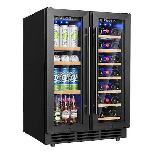24 in. Dual Zone 20-Wine Bottles and 60-Cans Beverage and Wine Cooler in Black with LED