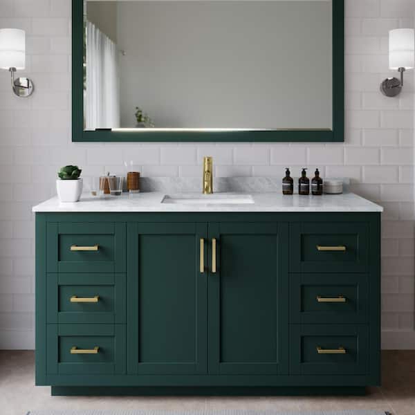 Wyndham Collection Miranda 60 in. W x 22 in. D x 33.75 in. H Single Sink Bath Vanity in Green with White Carrara Marble Top and Mirror