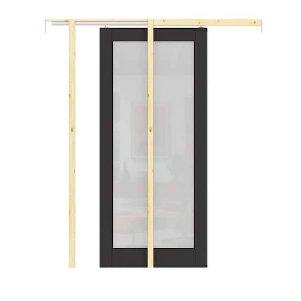 36 in., x 80 in., 1-Lite Glass Black Primed Wood Sliding Pocket Door with Pocket Door Hardware Kit (Soft Close Included)