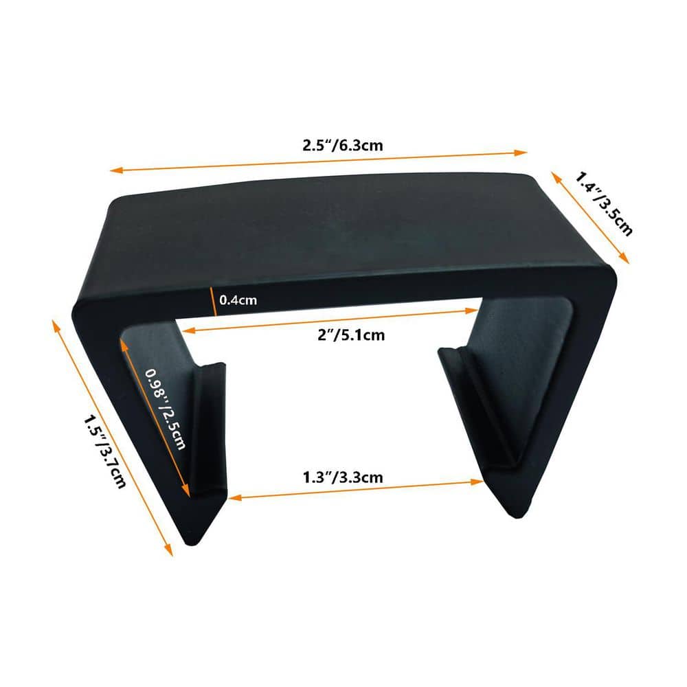 A black furniture clip with dimension measurements overlaid.