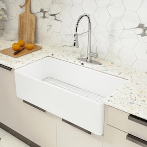 White Fireclay 36 in. Single Bowl Farmhouse Apron Kitchen Sink with Bottom Grid and Basket Strainer