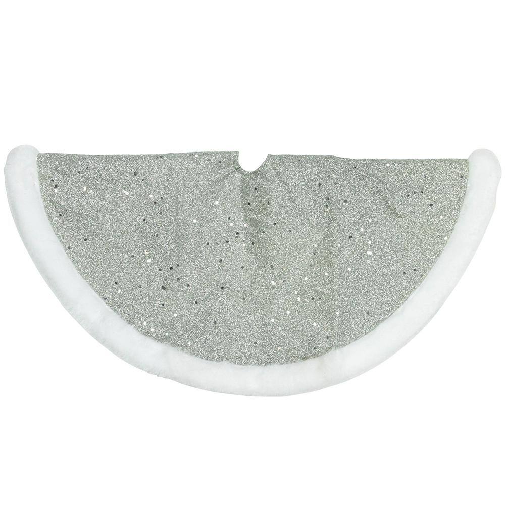 Silver Glittered Mini Christmas Tree Skirt with White Faux Fur Trim