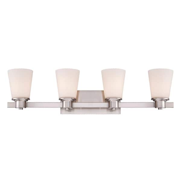 Savoy House Fontaine 31.75 in. W x 8 in. H 4-Light Satin Nickel Bathroom Vanity Light with Etched Glass Shades
