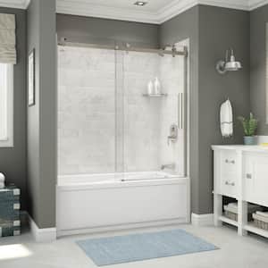 Utile 32 in. x 60 in. x 81 in. Bath and Shower Combo in Marble Carrara, New Town Right Drain, Halo Door Brushed Nickel