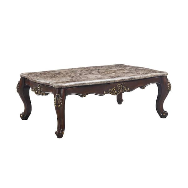 Benjara 36 in. Cherry Brown and Gold Rectangle Marble Top Coffee Table