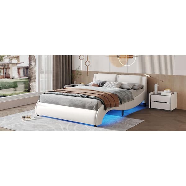 URTR White Wood Frame Full Size Upholstered Platform Bed with LED