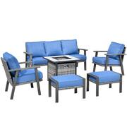 Walden Grey 6-Piece Wicker Steel Outdoor Patio Conversation Sofa Set with a Fire Pit and Sky Blue Cushions