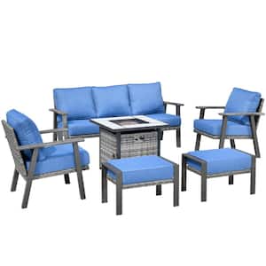 Walden Grey 6-Piece Wicker Steel Outdoor Patio Conversation Sofa Set with a Fire Pit and Sky Blue Cushions