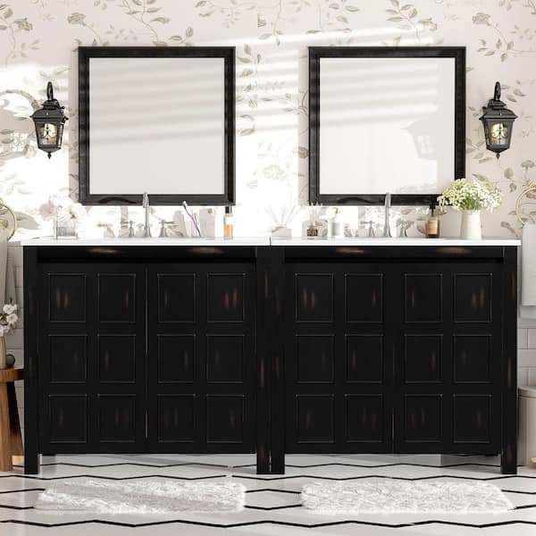 FAMYYT 72 in. W Double Sink Solid Wood Frame Freestanding Bath Vanity in Espresso with White Ceramic Top and Adjustable Shelf