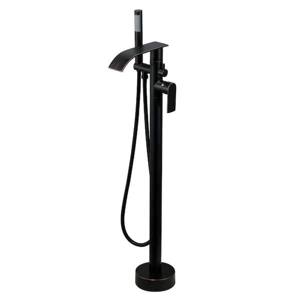 Waterfall Single-Handle Freestanding Tub Faucet in Oil Rubbed Bronze, Floor Mount Tub Filler with Handheld Shower
