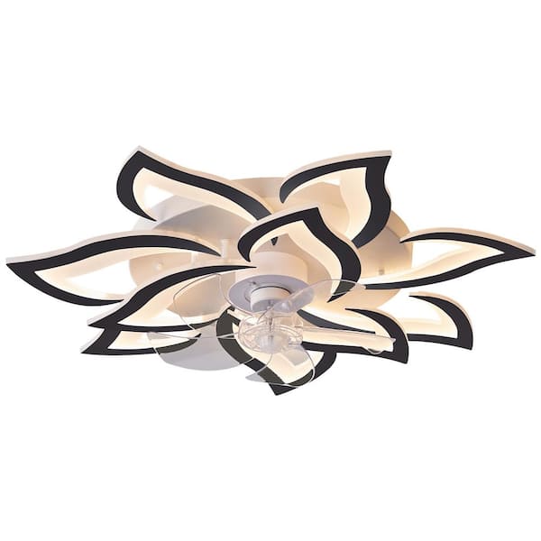 PUDO 31.9 in. Black Flower Type Integrated LED Indoor Ceiling Fan Lighting Fulsh Mount with Continuous Dimming