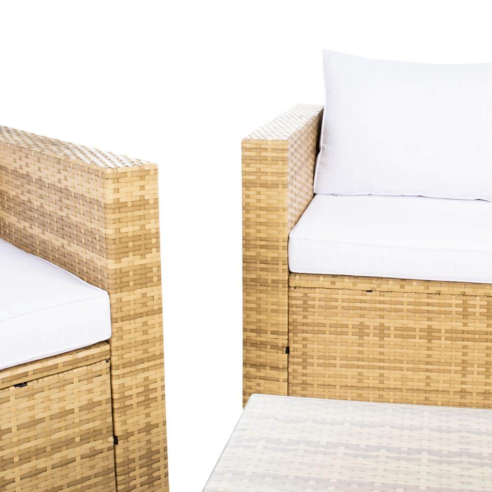 Natural Wicker and White Cushions 4-Piece Patio Set