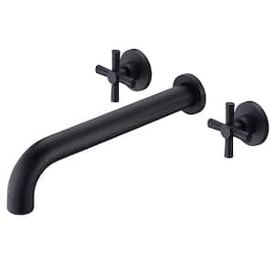 Cross Double Handle Wall Mount Roman Tub Faucet with Valve in Matte Black