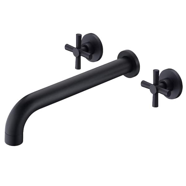 SUMERAIN Cross Double Handle Wall Mount Roman Tub Faucet with Valve in Matte Black