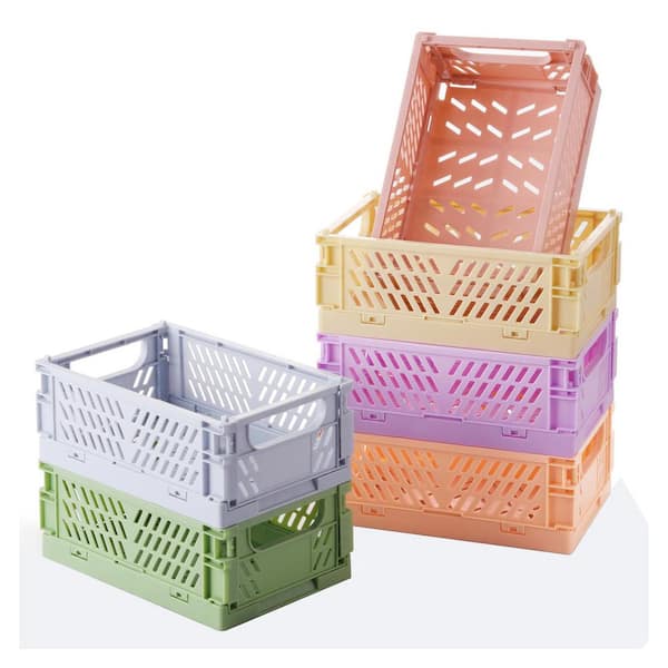 Pastel 5.8in x 3.8in Plastic Storage Crates, Collapsible Mini Bins for Organizing Classroom, Kitchen, Office, Set of 6