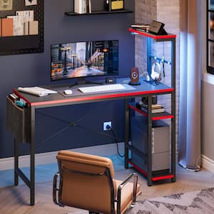 44 in. Rectangular Black Carbon Fiber LED Gaming Desk with 4-Tier Reversible Shelves, Power Outlets and Storage Bag