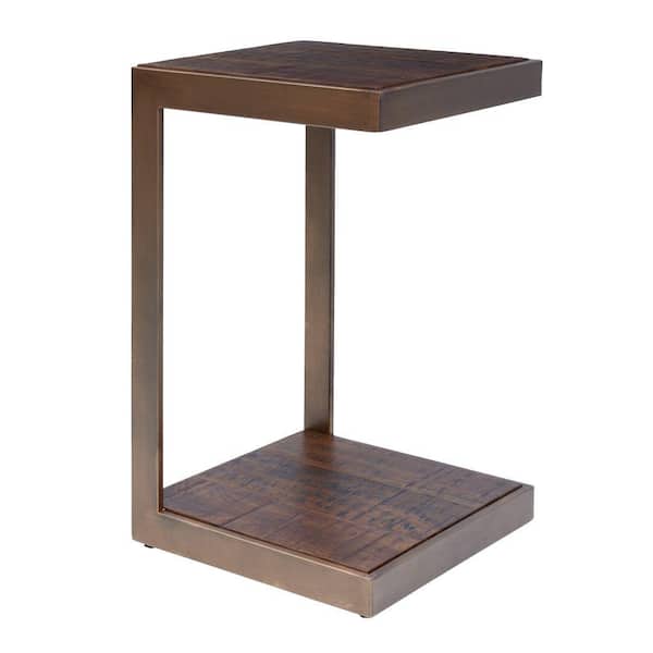 Benjara 24 in. H Brown Metal Frame C Shape End Table with Wooden Top and Bottom