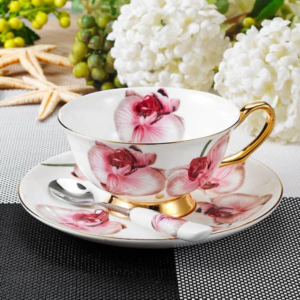 Handmade Floral Espresso Cup & Saucer Set - Ceramic Flower Coffee