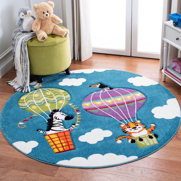 Carousel Kids 3 ft. x 3 ft. Blue/Green Hot Air Balloon Round Area Rug