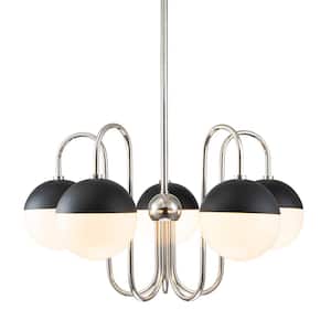 Goouu 28.3-in.W 5-Light Polished Nickel/Black Large Classic Chandelier with Milk White Glass Shades for Dining Room