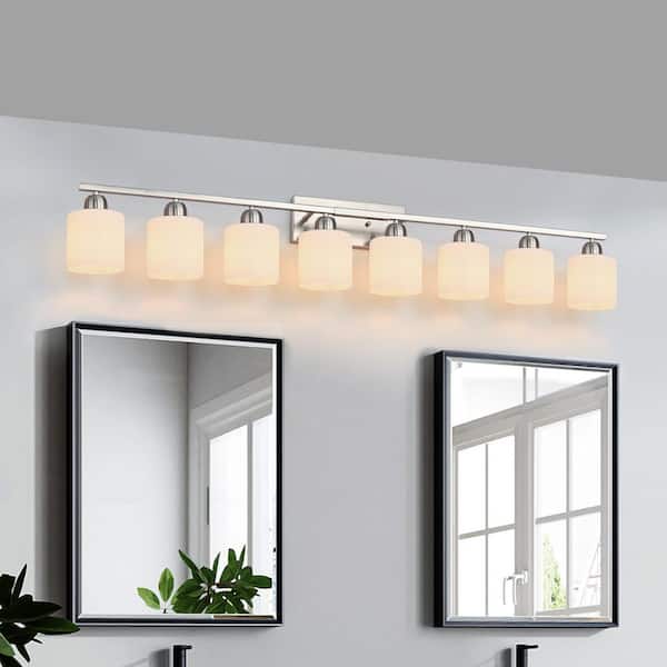 52 in. 8-Light Brushed Nickel Bathroom Vanity Light Fixture with Milky White Frosted Glass Shades, no bulbs included