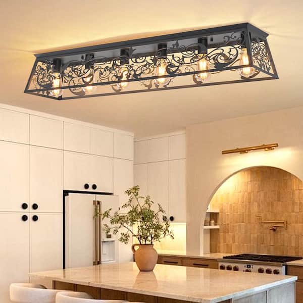 45.28 in. 6-light Black Farmhouse Dimmable Flush Mount with Metal Hollow Shade and No Bulbs Included for Kitchen