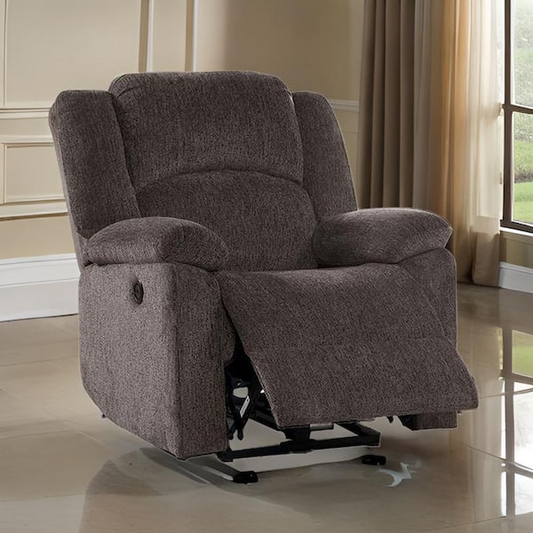 Benjara Soft Dark Brown Chenille Fabric Power Recliner with USB Port