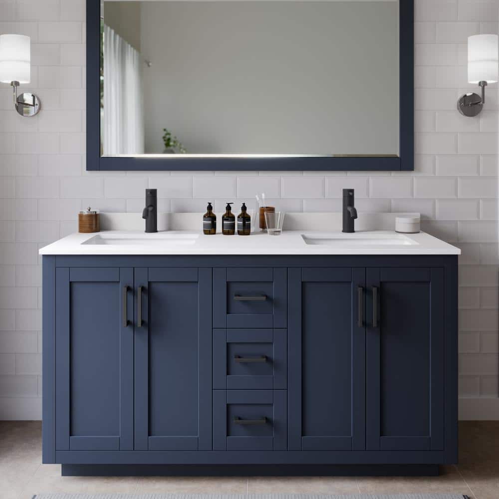 Miranda 60" Dark Blue Double Vanity with White Marble Top and Matte Black Trim