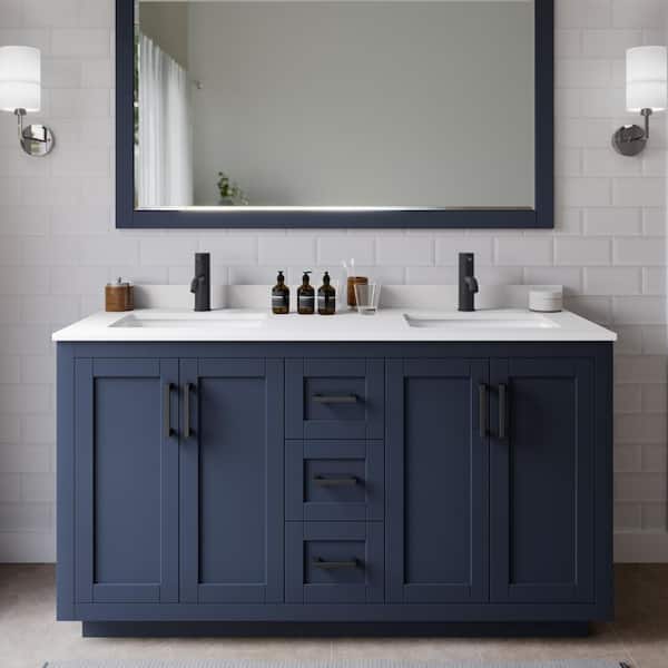 Wyndham Collection Miranda 60 in. W Double Bath Vanity in Dark Blue with Cultured Marble Vanity Top in White with White Basins
