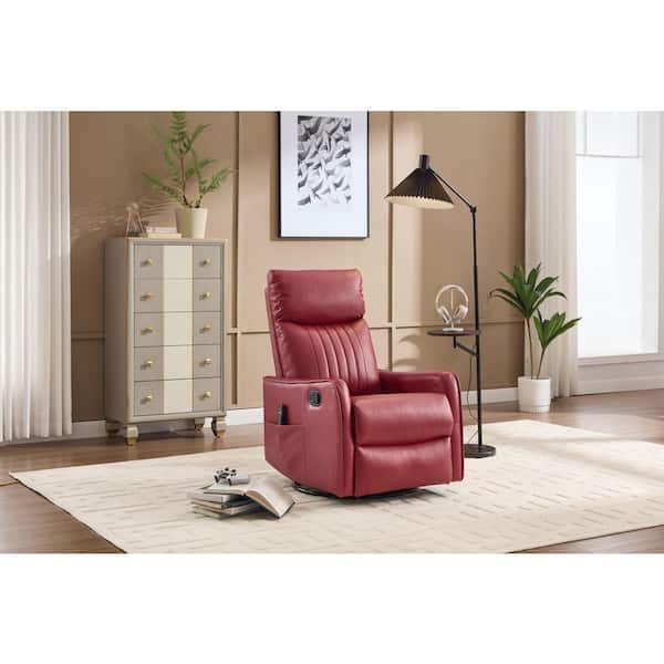 Xenovia Modern Red Upholstered Faux Leather Swivel Rocker Manual Recliner Chair with Lumbar Heat and Massage