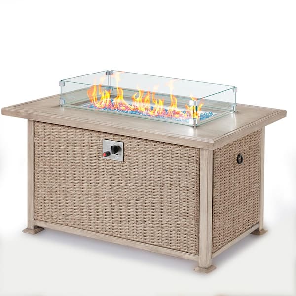 Cesicia 50 in. x 24.8 in. H Propane Fire Pit Table, Rattan Fire Pit Table with Glass Wind Guard, 50,000 BTU Gray Wicker