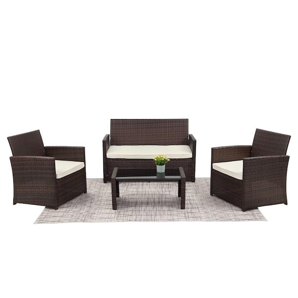 Unbranded 4-Piece Wicker Outdoor Dining Set with Washed White Cushion