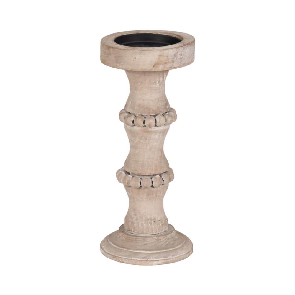 Ivory Distressed Wood Tabletop Candlestick with Decorative Beads
