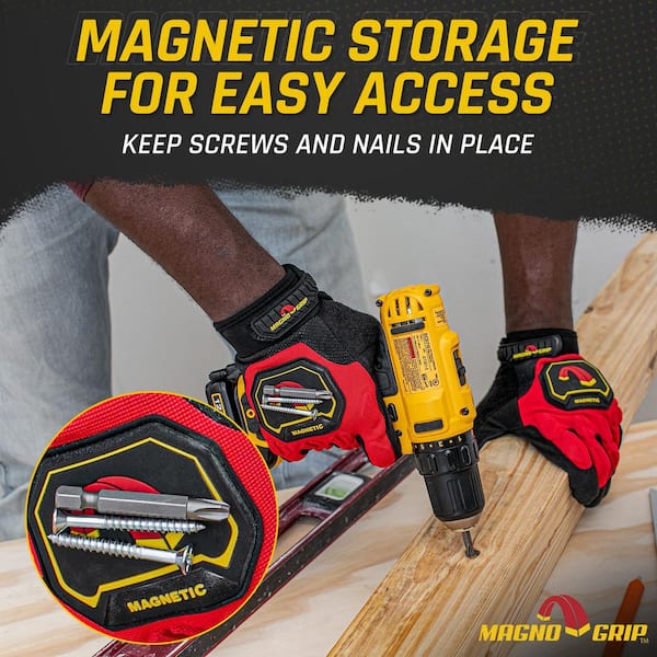 Pro Impact Work Glove with Integrated Magnetic Storage, Red, Large