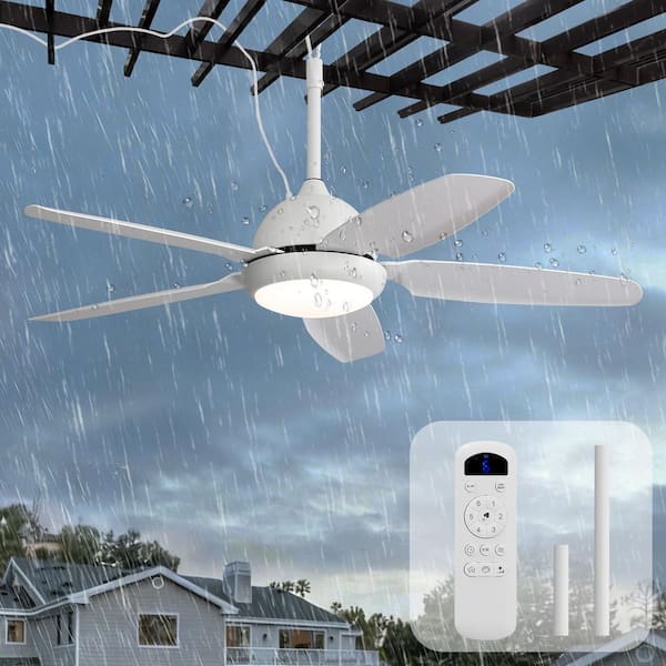 52 in. Outdoor White Wet-Rated Integrated LED Waterproof Standard Ceiling fan with Lights and Remote for Patios
